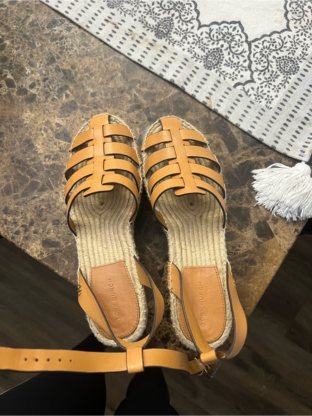 Tory Burch Cognac Leather Strappy Espadrille Sandals